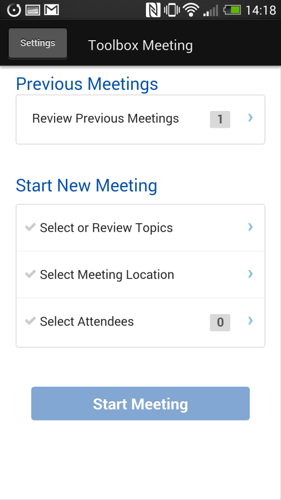 Main screen showing the options to review previous meetings, update attendee or distribution details, or, commence new meeting.